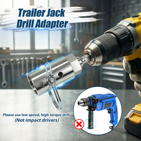 Upgraded Trailer Jack Drill Adapter Fits Standard One Inch Drive Shaft attached to a drill, showcasing heavy-duty steel material.