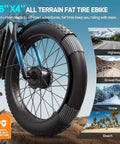 Close-up of Beast Mode 5000W Dual Motor Fat Tire Electric Bike showcasing 26 inch tire with mountain, snow, beach capabilities.