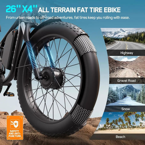 Close-up of Beast Mode 5000W Dual Motor Fat Tire Electric Bike showcasing 26 inch tire with mountain, snow, beach capabilities.