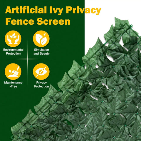 Dense Leaf Ivy Privacy Fence Screen 120x40 Inches No Gap Faux Ivy Wall Panel shown with green ivy leaves and product features.