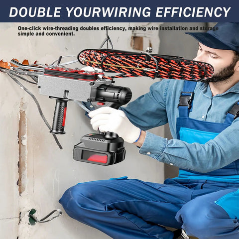 Jiminhuixin Cordless Fish Tape Kit With Brushless Motor 21V Electric Wire Threader for Conduit Wiring in use on drywall