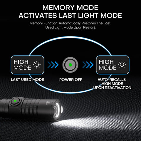 Rechargeable EDC Tactical Flashlight With Dual Switch And Turbo Button 1500 Lumen Beast Pen Light highlighting memory mode feature