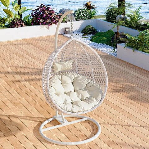 Hanging Egg Chair Outdoor Indoor With Stand, Wicker Swing Egg Chair For Patio Garden Balcony Yard, 300 lb capacity, outdoor setup