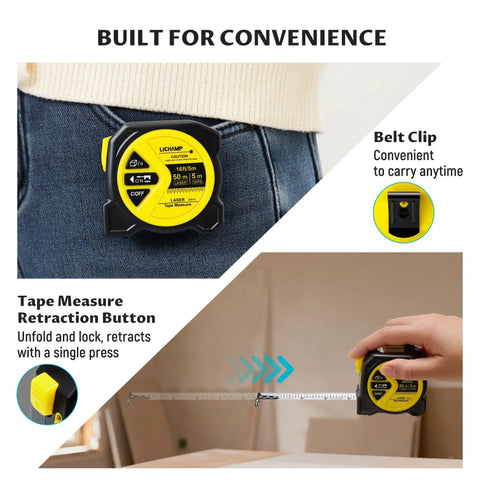 Go To Pro Grade Dual Mode Laser Tape Measure And Distance Meter With 164 Ft Laser Range And 16 Ft Manual Tape Red 0.49mW Class II Laser on belt clip