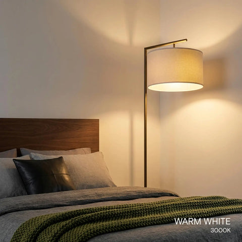 Modern LED Floor Lamp With Tan Fabric Shade Tall Corner Pole Standing Light For Living Rooms And Offices Ideal Bedroom Reading Light