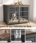 Super Smooth Setup Heavy Duty Dog Crate Furniture 42 Inch Decorative Kennel End Table Nightstand Rustic Brown with large dog inside.