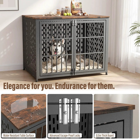 Super Smooth Setup Heavy Duty Dog Crate Furniture 42 Inch Decorative Kennel End Table Nightstand Rustic Brown with large dog inside.