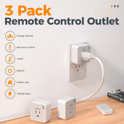 Plug And Play Remote Control Outlet Kit With Three Outlets And One Remote For Indoor Lamps, String Lights, And Small Appliances