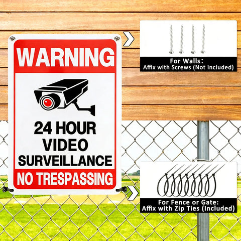 2 Pack No Trespassing Signs For Private Property With Round The Clock Video Surveillance Reflective Aluminum UV Protected Waterproof Security Camera Signs For Home Yard Fence Driveway 10 By 7 Inches, fence mounted