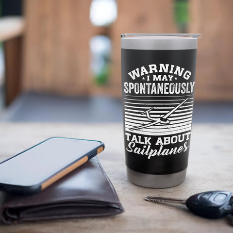 Insulated Stainless Steel Tumbler For Sailplane Pilots And Glider Fans Soaring Sky Aviation Gift with sailplane print on table.