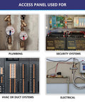 No Sweat Spring Fit Access Panel Covers Dreamy 8x8 Inch Drywall Cuts for plumbing, HVAC, and electrical access.