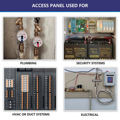 No Sweat Spring Fit Access Panel Covers Dreamy 8x8 Inch Drywall Cuts for plumbing, HVAC, and electrical access.