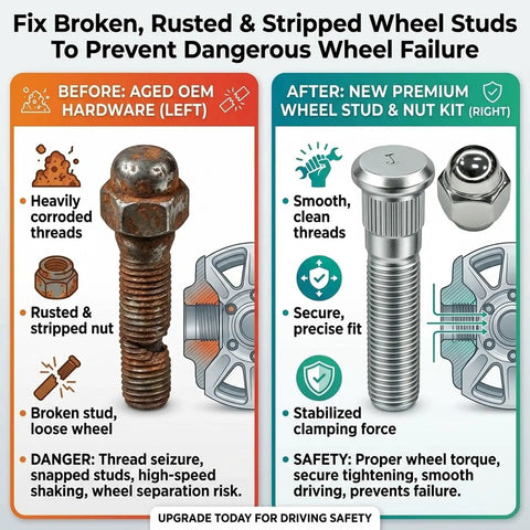 Upgrade Your Setup With This Heavy-Duty M12x1.5 Wheel Lug Nut Kit Featuring 4 Pieces of Premium Alloy Steel Studs That Are Built To Last And Replaces OEM Toyota Numbers For Perfect Fitment On Hyundai Kia Santa Fe Sonata Rio Sportage Forte Vehicles., before and after wheel stud kit showing rusted OEM hardware and new M12x1.5 alloy steel studs and nuts