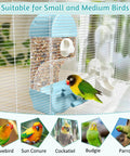 No Sweat Automatic Bird Feeder And Water Dispenser For Cages Spill Proof Transparent Container with lovebird in cage.