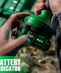 Hands holding 20V Cordless Drill Set with Battery and Charger, 350 In-Lb Torque; focus on battery indicator