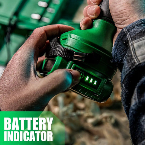 Hands holding 20V Cordless Drill Set with Battery and Charger, 350 In-Lb Torque; focus on battery indicator