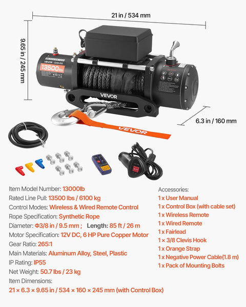Beefy 13,500 Lb Electric Winch For Off Road Recovery, 12V DC Truck Winch With 3/8 In 85 Ft Synthetic Rope, Wireless And Wired Remote, IP55 Waterproof, Heavy Duty Recovery For SUVs Jeeps Trailers Boats with dimensions