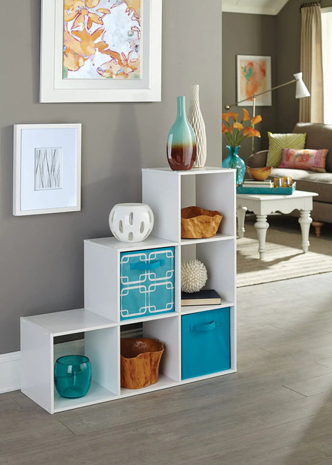 Three Two One Cube Storage Shelf Organizer Bookshelf With Three Tiers Corner Unit In White Wood Finish holds decor