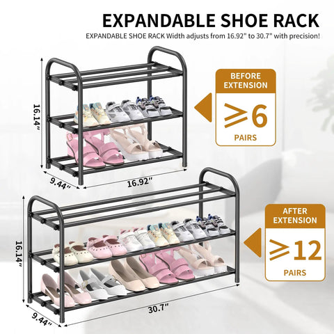 Expandable Three Tier Metal Shoe Rack With Adjustable Removable Cross Bars Fits Massive Sneakers And Delicate Flat Kicks Customizable Closet Organizer Blocks Off Entryway Mudroom Clutter Flex Your Drip Daily In Sleek Black Finish