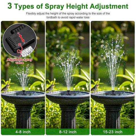 Solar Fountain Pump With Adjustable Spray Height, Glass Panel Bird Bath Fountain With 6 Nozzles for garden use, shown with adjustable spray heights.