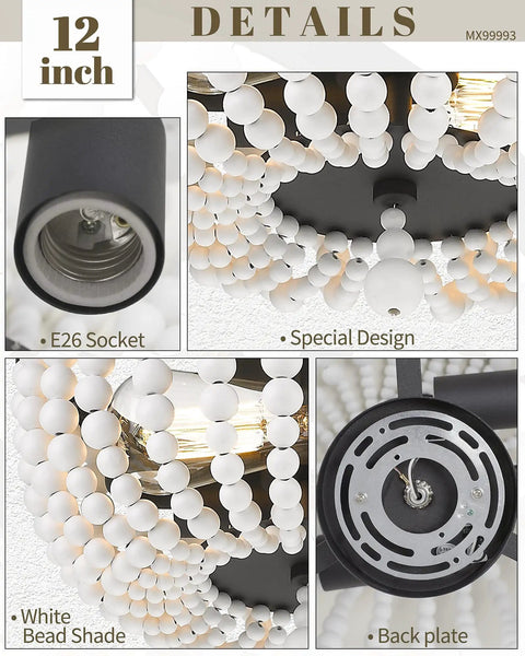 Close-up details of the Boho Flush Mount Light Fixture With Two Lights Natural White Wood Beaded Ceiling Light 12 Inch Two Light Pendant Vibe