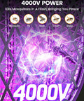 Electric Fly Swatter Zapper Racket 4000V with purple electric discharge and insect icons inside safety mesh