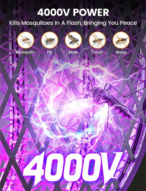 Electric Fly Swatter Zapper Racket 4000V with purple electric discharge and insect icons inside safety mesh