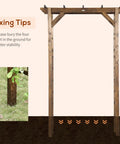 Carbonized Wood Garden Arbor For Outdoor Weddings, showing setup tips with a sturdy 85-inch arch in solid fir wood over grass.