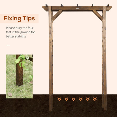 Carbonized Wood Garden Arbor For Outdoor Weddings, showing setup tips with a sturdy 85-inch arch in solid fir wood over grass.
