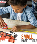 Child using Orange 16 Piece Real Tools Kids Tool Kit Set With Child Size Tool Belt for DIY Building Woodworking and Construction Projects.