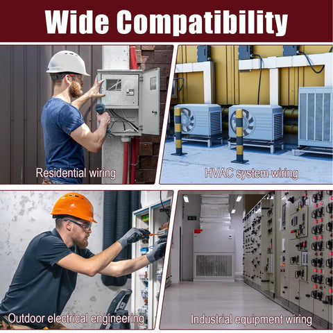 Wide compatibility of Heavy Duty 3/8 Inch MC Cable Connectors For 14 12 And 10 Gauge Wire shown in residential, HVAC, outdoor, and industrial wiring.