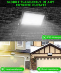 Led Stadium Flood Light Outdoor 36000 Lumen 1500W Equivalent Ultra Bright 5000K Daylight IP65 Waterproof Arena Lighting For Sports Fields And Courts 100-277V Energy Saving Commercial Lighting installed above garage doors, showcasing heat and frost resistance features.