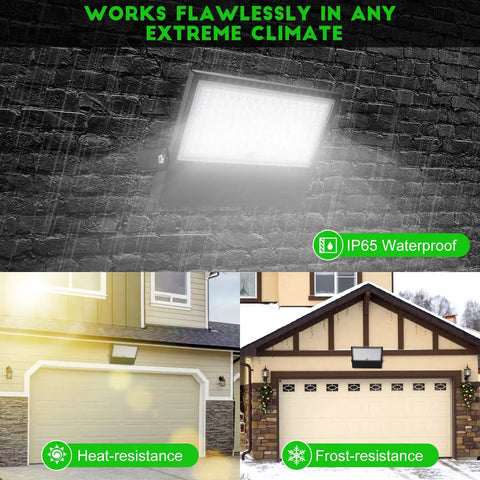 Led Stadium Flood Light Outdoor 36000 Lumen 1500W Equivalent Ultra Bright 5000K Daylight IP65 Waterproof Arena Lighting For Sports Fields And Courts 100-277V Energy Saving Commercial Lighting installed above garage doors, showcasing heat and frost resistance features.