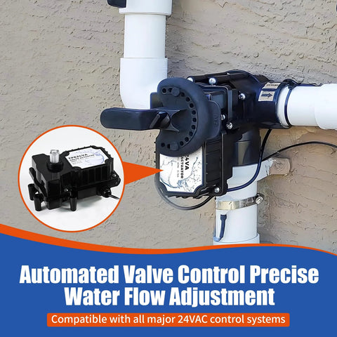 24-volt pool valve actuator mounted on PVC piping; black plastic housing, Amazon brand