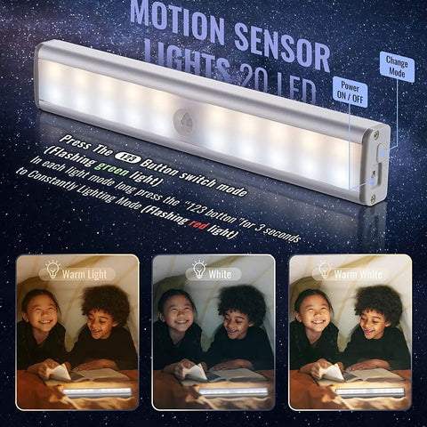 Image showing 2 Pack LED Motion Sensor Light Bars 10 Inch White Easy Magnetic Install No Wiring 3 Color Modes for dark spaces.