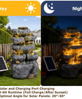 Day and night views of Solar Powered 5 Tier Rock Water Fountain With LED Lights, Outdoor Garden Cascade, solar panel visible.