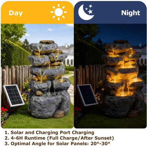 Day and night views of Solar Powered 5 Tier Rock Water Fountain With LED Lights, Outdoor Garden Cascade, solar panel visible.