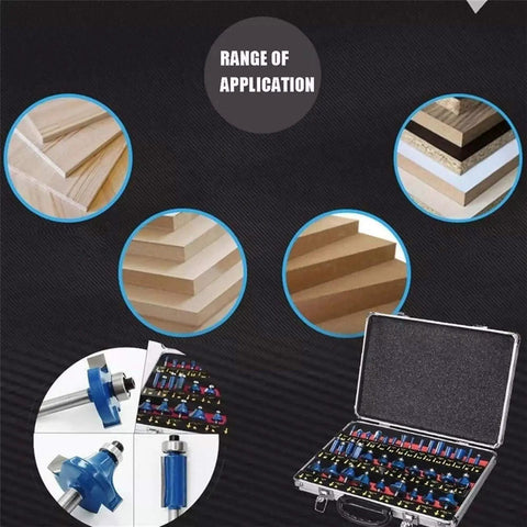 Thirty Five Piece 1/4 Inch Carbide Router Bit Set With Rugged Carry Case showcasing various wood profiles and router bits.