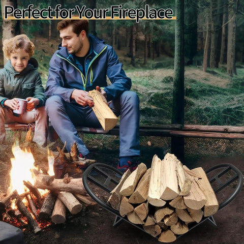 Foldable Firewood Rack For Indoor And Outdoor Use Heavy Duty Metal Wood Holder by a campfire, keeping logs dry and organized