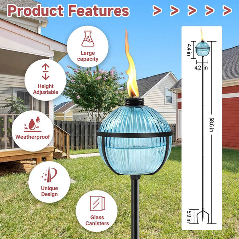Citronella Torch Set Of Four 16 Oz Blue Glass Outdoor Garden Torches With 3 Prong Ground Stake 58.6 Inch Tall Yard Patio Deck Lighting