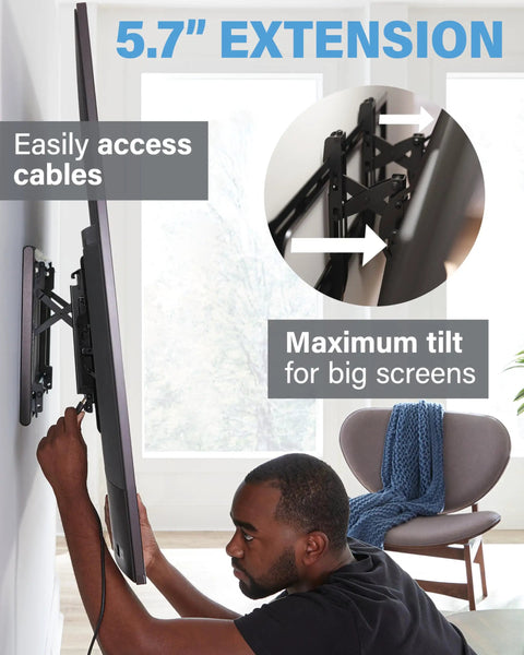 Super Slick Extendable Tilt TV Wall Mount For 42 To 90 Inch Sets Supporting Up To 150 Pounds Slides Out Five Inches Smoothly showing 5.7" extension for easy cable access.