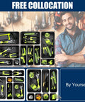 68 Piece Tool Box Organizer Tray Set With 5 Sizes XL L M S XS for organizing tools and accessories in a garage.