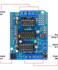 Top view of Dual H Bridge Motor Driver Shield for Arduino and Raspberry Pi showing connection points and labeled components.
