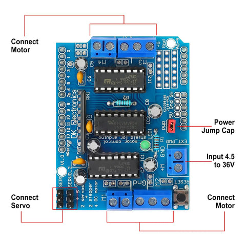 Top view of Dual H Bridge Motor Driver Shield for Arduino and Raspberry Pi showing connection points and labeled components.