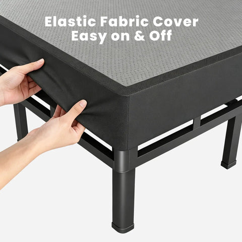 King Size Box Spring And All In One Mattress Foundation 18 Inch Steel Frame hands adjusting elastic fabric cover