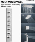 Game Changing Bathroom Shower System With 28 Inch Led Waterfall Head 64 Color Mood Lighting Bluetooth Speaker Dual Massage Sprays Brushed Nickel Ceiling Mount Setup For Sick Relaxing Vibes At Home, multi-mode shower control panel with 63 spray modes.