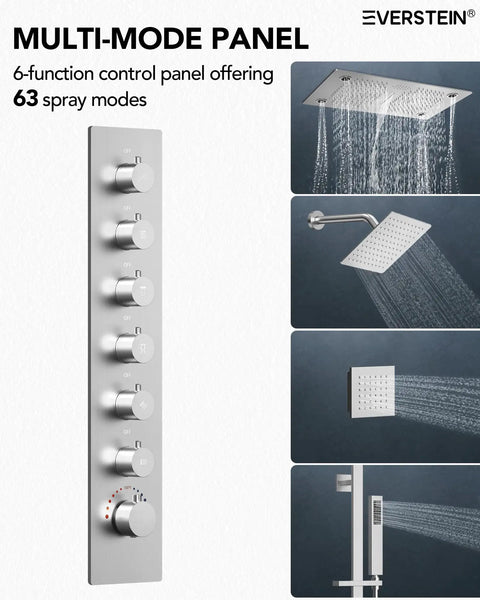 Game Changing Bathroom Shower System With 28 Inch Led Waterfall Head 64 Color Mood Lighting Bluetooth Speaker Dual Massage Sprays Brushed Nickel Ceiling Mount Setup For Sick Relaxing Vibes At Home, multi-mode shower control panel with 63 spray modes.