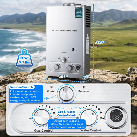 Ultra Lightweight Killer 8 Liter Portable Propane Water Heater with digital controls and seasonal switch for outdoor use.