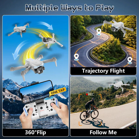 1080P Camera Drone For Adults And Beginners Foldable RC Quadcopter showcasing 360 flips, trajectory flight, and follow me mode.