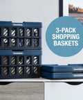 Collapsible Shopping Baskets With Handles, 24L Three Pack, Fold Flat Plastic Storage Bins For Car And Home, stacked on table